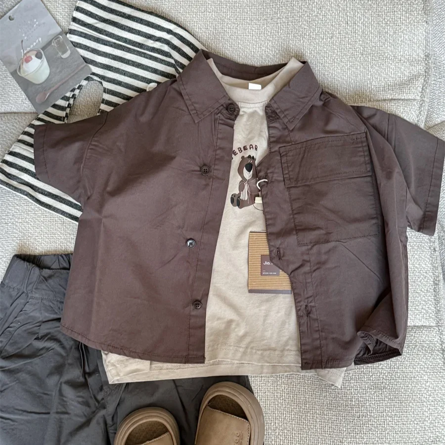 New Hot Sale Of The Season Cotton Short Sleeve Shirt for Children Boys Girls Baby Wilderness System Pocket Half Sleeve Blouse Ki