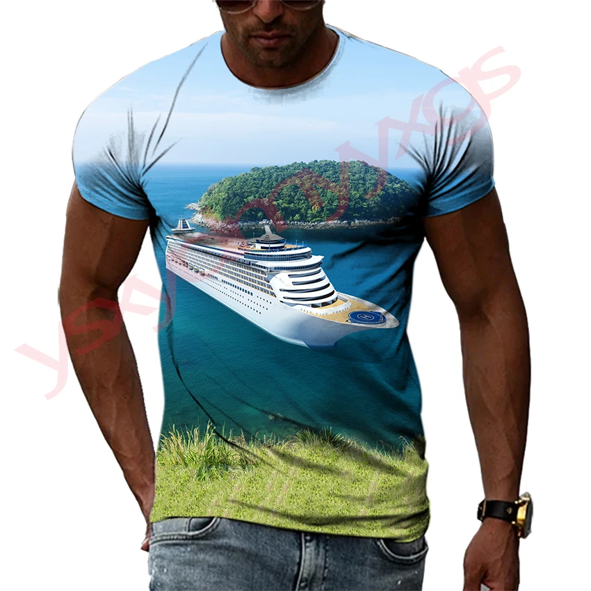 

Summer Cruise Ship Pattern Men's T-shirt Hip Hop 3D Print Personality Neck Short Sleeve Fashion Clothes