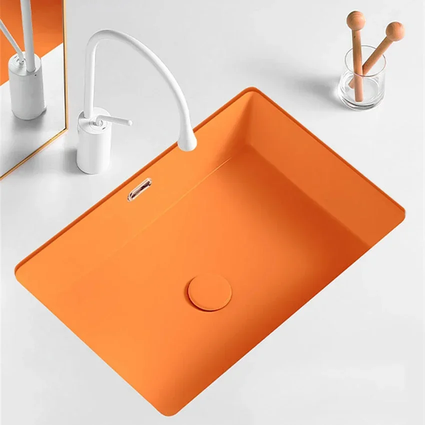 Orange Flat Bottomed Square Bottom Basin Embedded Sink Simple Modern Colored Ceramic Single Basin Household Balcony Washbasin