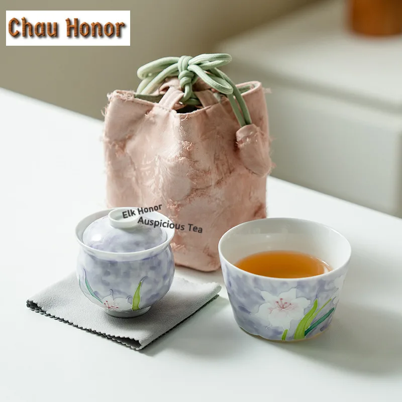 Misty Purple Pure Hand-painted Lily Tea Set Complete Set Retro Tea Ceremony Set Tea Making Teapot and Tea Cup Set Drinkware Gift