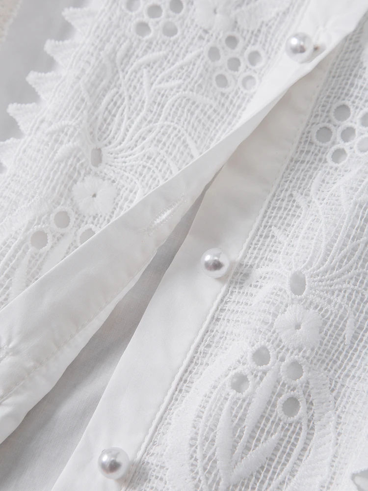 French White Lace Patchwork Blouse Women Puff Sleeve Long Sleeve Top Elegant Fairy Style Shirt Summer 3