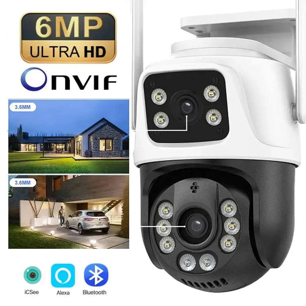 

6MP WIFI IP Camera Dual Lens PTZ Outdoor Wireless Surveillance Camera Auto Tracking Night Vision Home Security Monitor iCSee