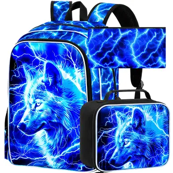 17" Wolf Backpack for School, Kids Boys Lightning Bookbag with Lunch Box, 3Pcs Backpacks for Elementary Preschool Kindergarten ( 1