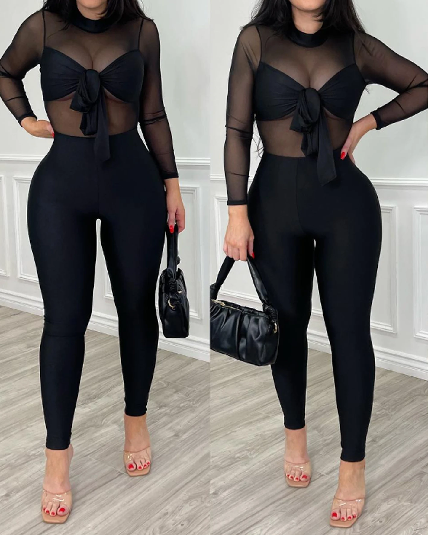 

Black Halter Cutout Jumpsuit Women Hot Patchwork Mesh See Though Long Sleeve Skinny Overalls Nightclub Outfits Streetwear 2024