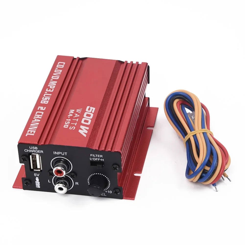 Car 12V 500W 2 Channels Mini Hi-Fi Stereo Audio Amp Subwoofer Aluminum Alloy Red LED Indicator Overload Protection Car Part
