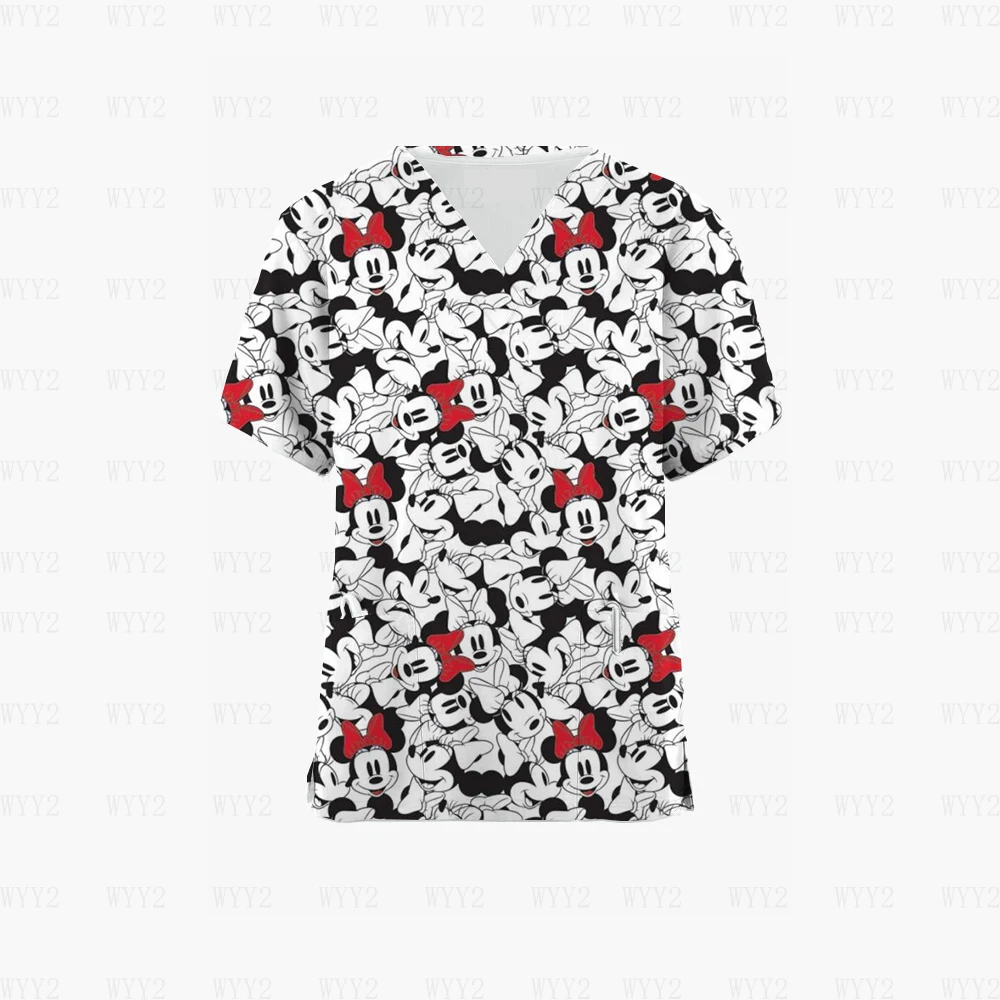 

2023 Nurse Uniform Women Printed Disney Minnie Stitched Frosted Top Uniform Short Sleeve Pocket Medical Female Nurse Uniform