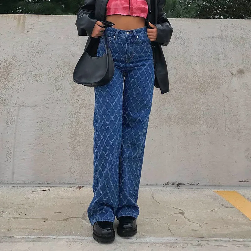 

Women High Waist 90s Streetwear Argyle Plaid Baggy Jeans Trousers Vintage Indie Pants Y2K Aesthetics Blue Denim Skater Outfits