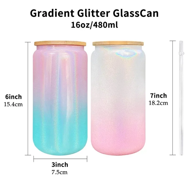 1pc 16oz Glass Tumbler Glitter Glass Jar Shimmer Beer Mug Can Shaped Drinking With Bamboo Lid And Reusable Straw DIY Gifts