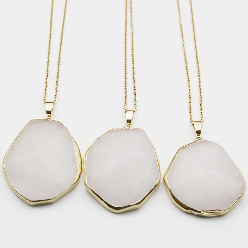 Natural Stone Irregular White Crystal Gold Edge Pendant Stainless Steel Chain Necklace Charms Jewelry Accessories Wholesale 4PCS