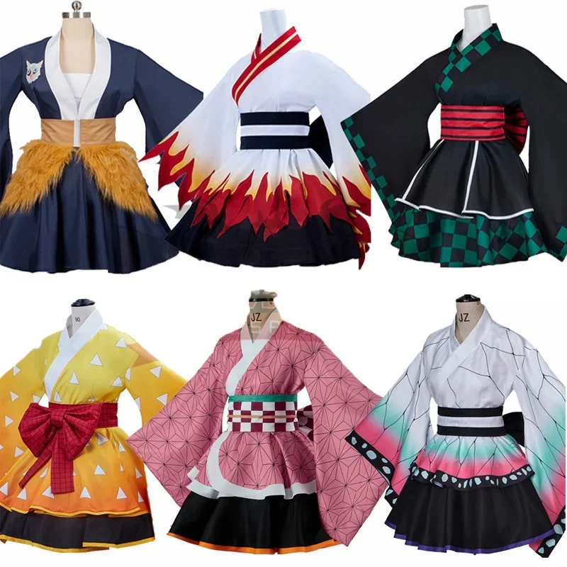 

Kostum Cosplay Anime Demon Slayer Season 2 gaun Lolita Kimono Nezuko pakaian mewah Harajuku wanita gaun gaya Jepang