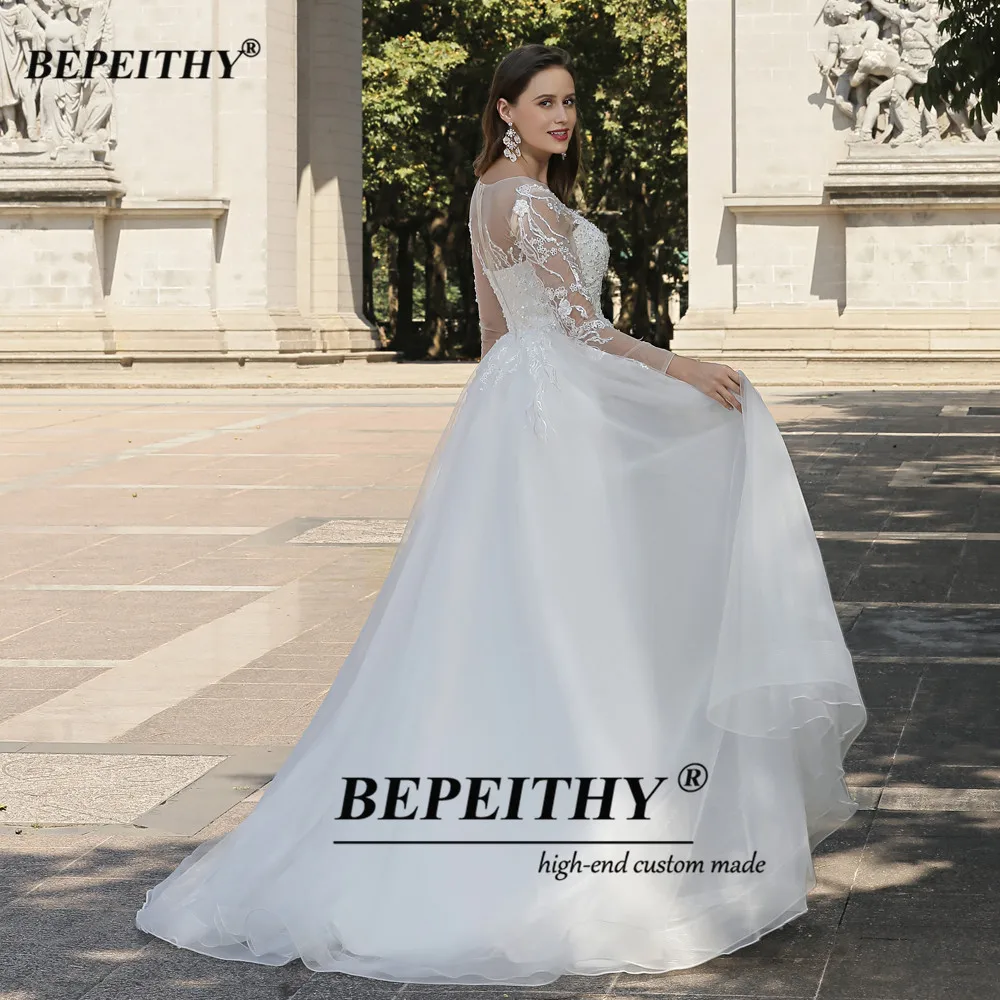 BEPEITHY Customized Pastrol O Neck Lace Modern Wedding Dresses For Women A Line Long Sleeves Wedding Dress Beach Bridal Gown 4