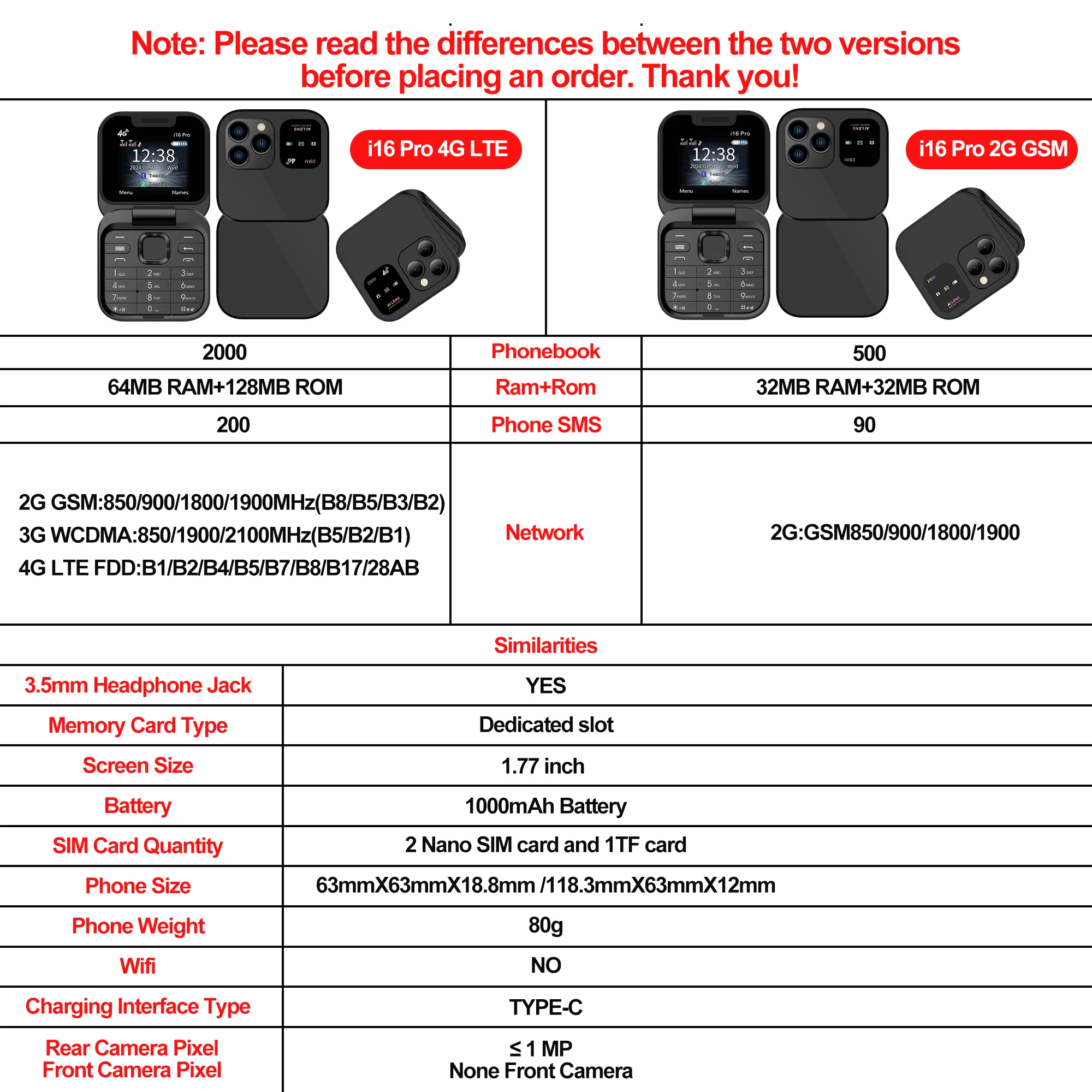 SERVO i16 Pro 2G GSM/4G LTE Network Small Flip Mobile Phone 2 SIM Standby Call Recording Speed Dial 1.77" Mini Folding Cellphone