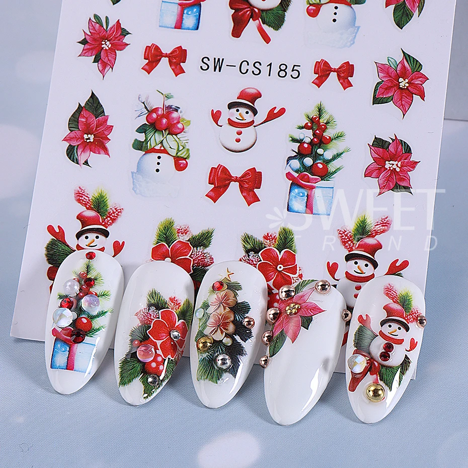 2pcs Christmas Nail Stickers Decals Snowman Reindeer Snowflakes Design Winter 3D Self-Adhesive Nail Art Decoration for Women