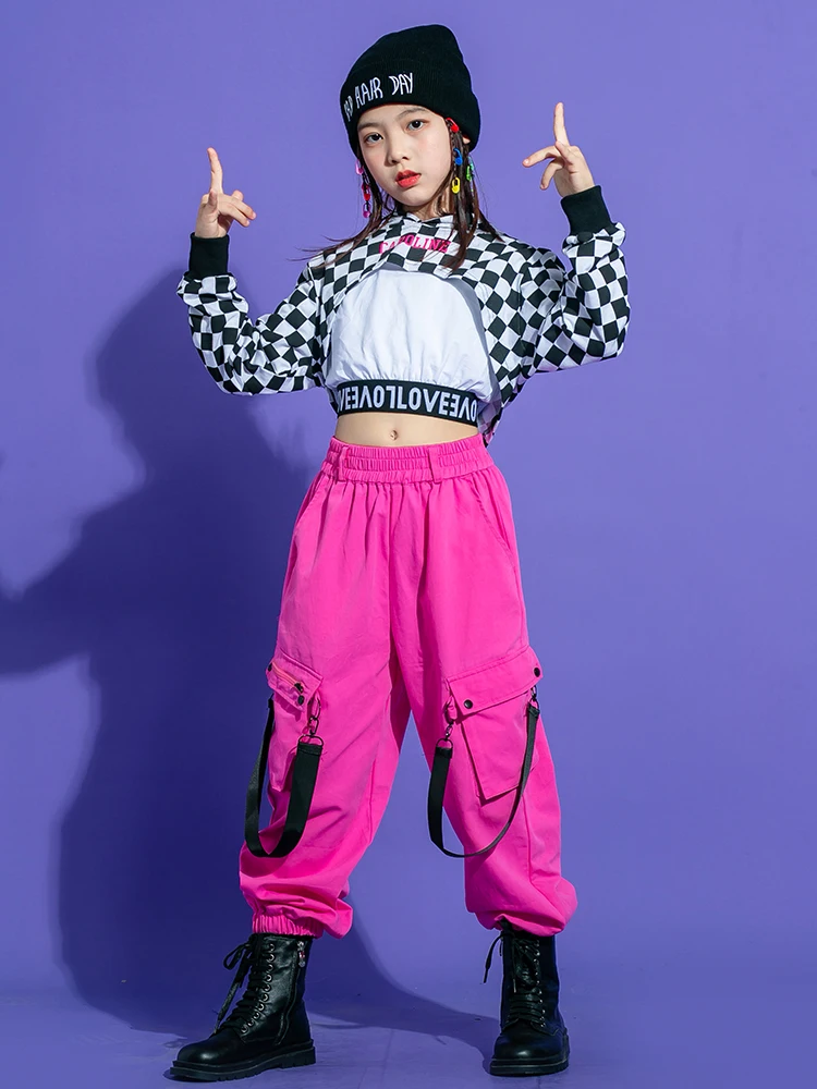 2021 New Jazz Dance Costumes Plaid Crop Tops Pink Hiphop Pants Street Outfits Ballroom Hip Hop Rave Clothes 110-180 |