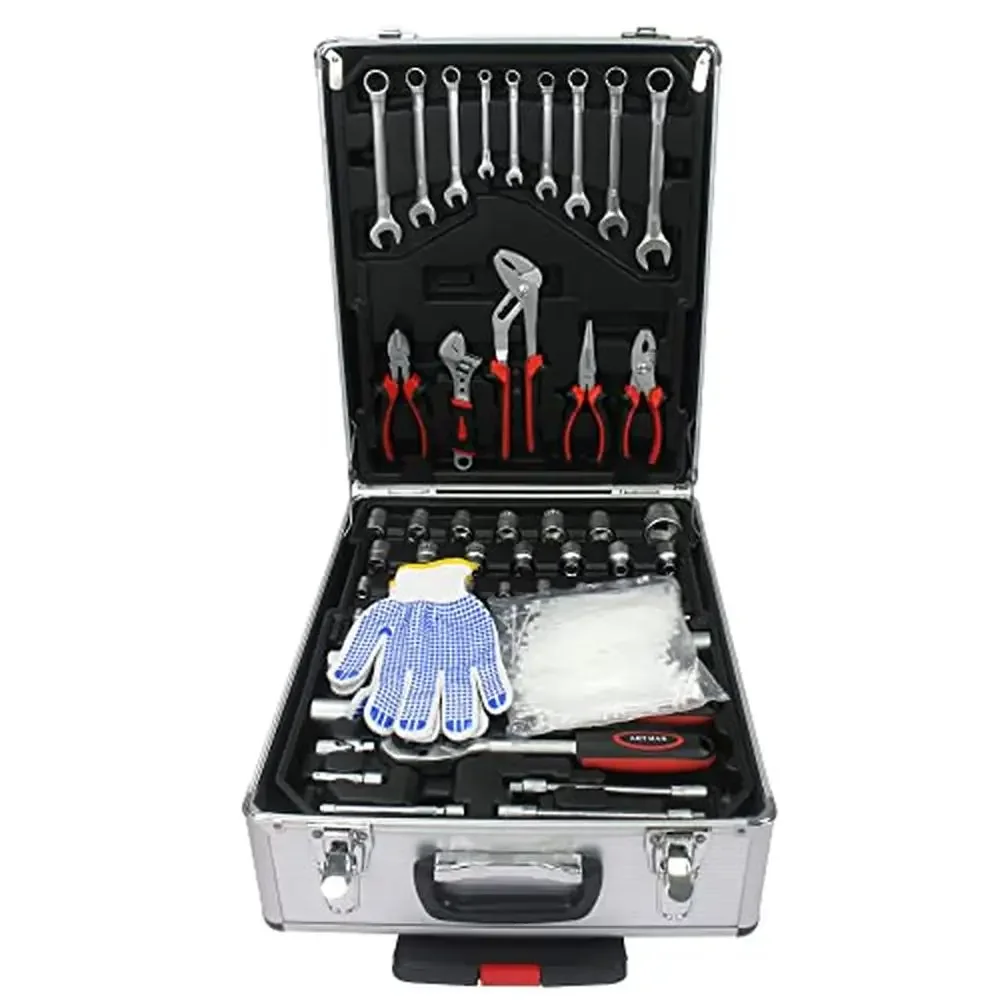 4 Layers Sliver Aluminum Rolling Tool Case Box on Wheels with 899pcs Household Tool Set Kit Durable Trolley Toolbox Home Repair