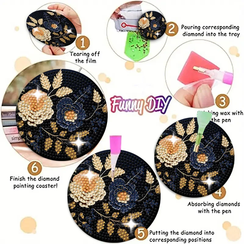 A set of 8-piece butterfly and flower element combination pattern diamond painting DIY coaster set 3