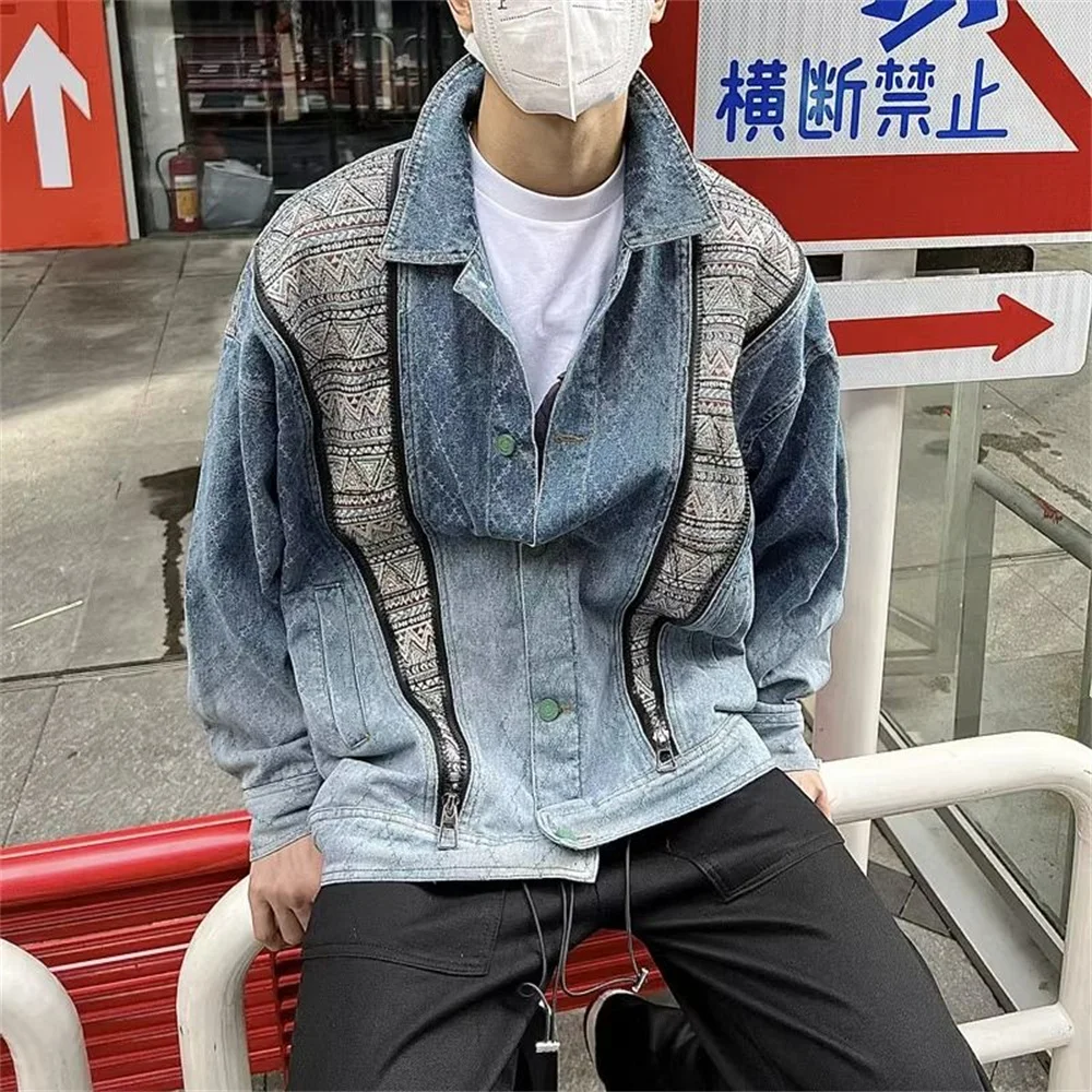 American street men's fashion new personalized zipper splicing long sleeved denim jacket for couples casual loose jacket