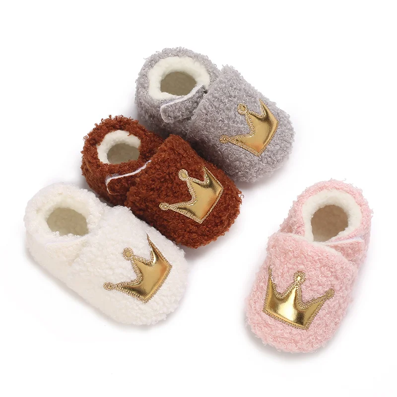 Suefunskry Baby Girl Boy Warm Shoes Crown Patch Fleece First Walking Shoes Soft Sole Crib for Fall Winter