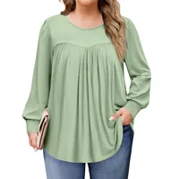 Plus Size Long Sleeved Tops Women's Spring and Autumn Round Neck Front Pleated Flowy Tunic Solid Color Casual Loose Blouse, L-5X - Image 4