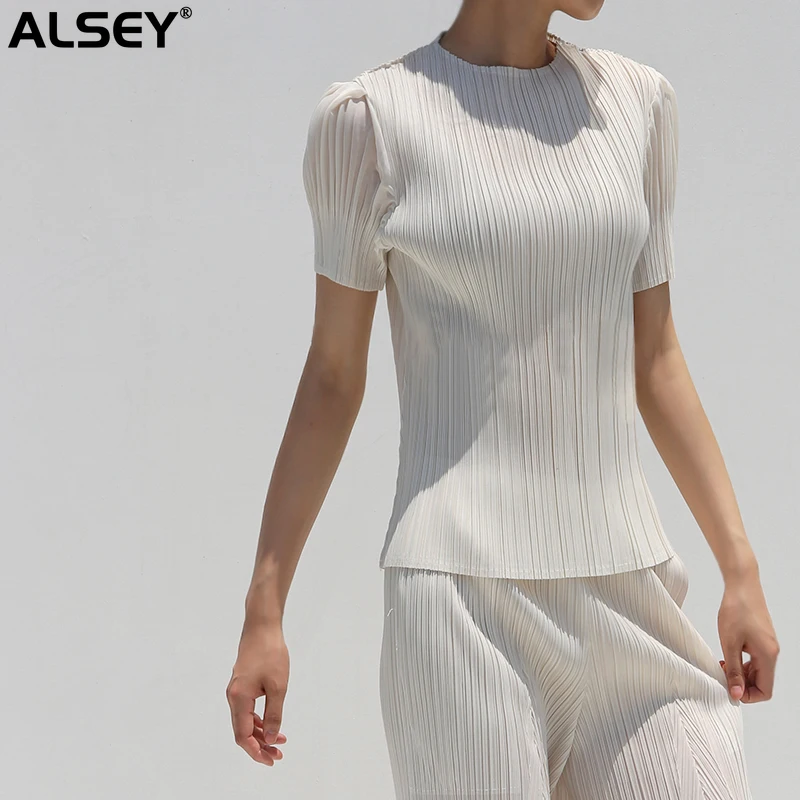 

ALSEY Miyake Pleated Women's Tops Solid Color Lantern Sleeves Fashion Elegant Simple Temperament Ladies T Shirt 2023 Summer New