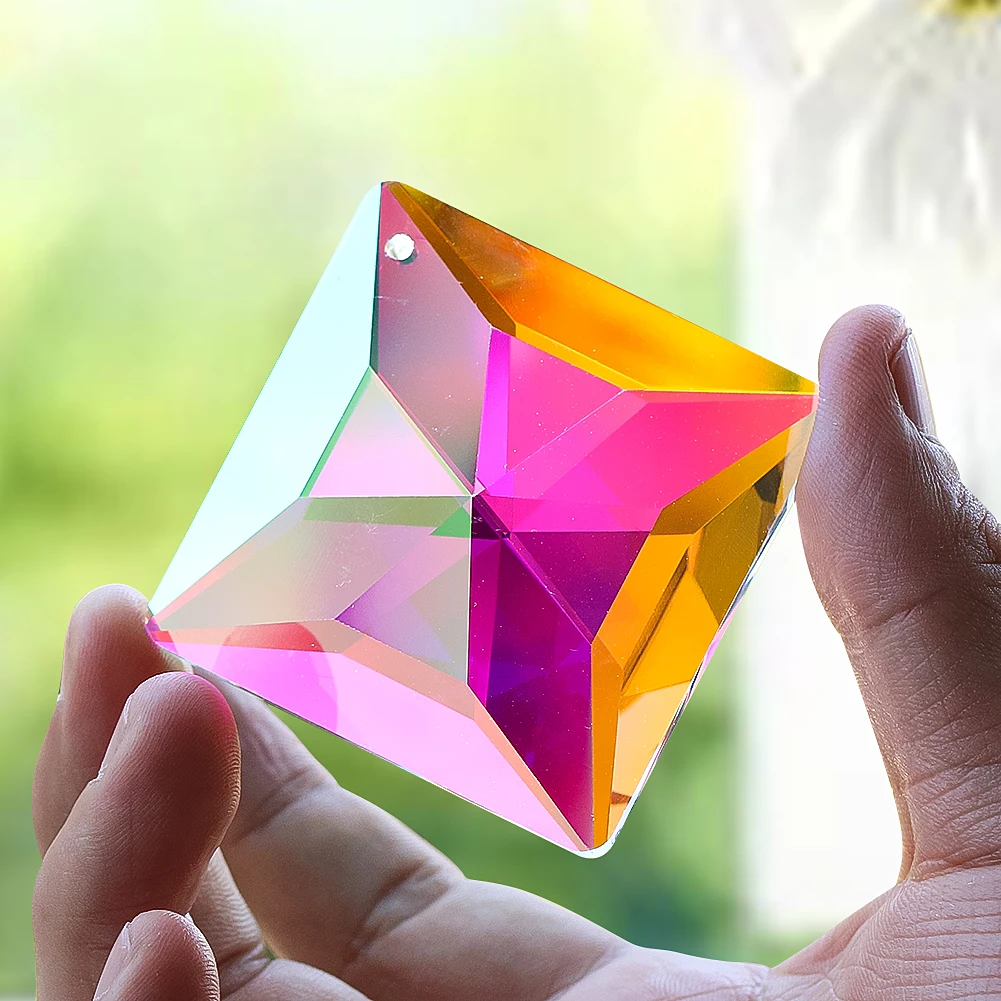 50mm Streamer AB Color Prism Glass Laser Faceted Geometry Square Crystal Chandelier Lighting Parts Rainbow Sun Catcher Dangle