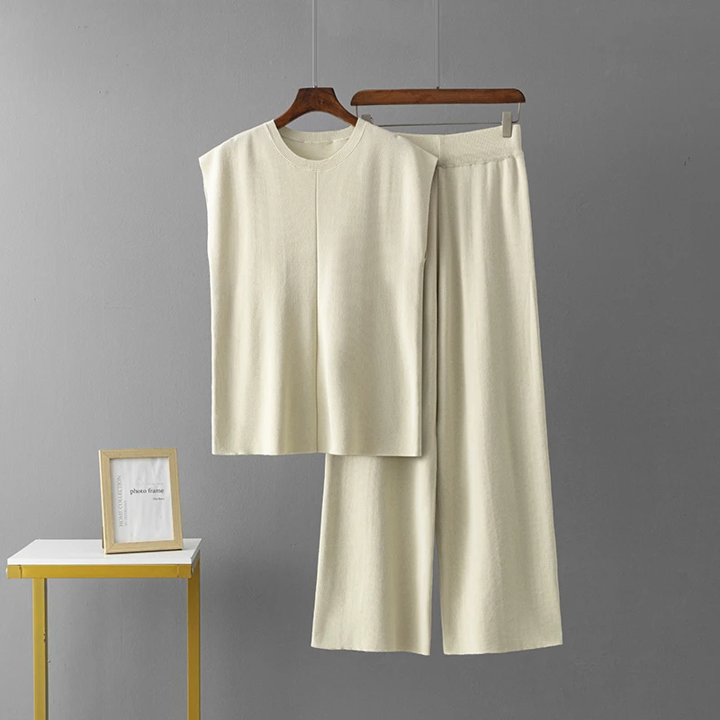 Women's Sleeveless Vest Sweater and Wide-leg Pants Ice Silk Suit Summer Solid Color Casual Outfit Pullovers Suits Knit Tracksuit