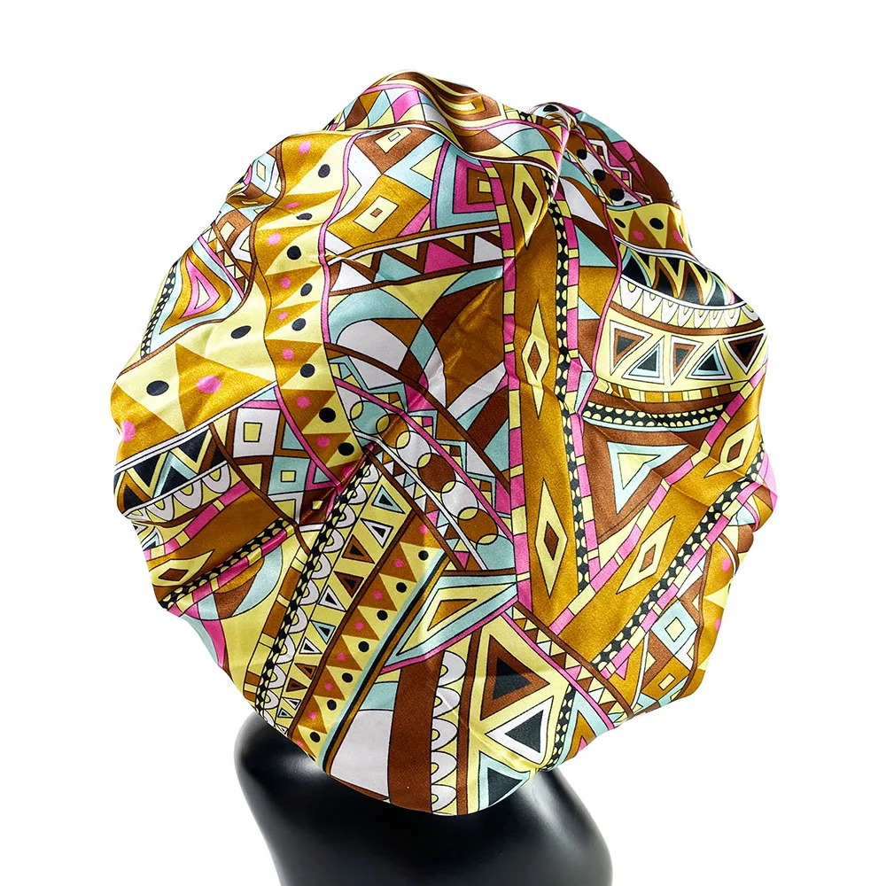 Women Satin Bonnet Cap Double Layer Silky Big Bonnet for Lady Printing Sleep Cap Head Wrap 6