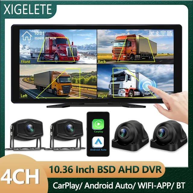 10.36 Inch Vehicle CarPlay Android Auto DVR Recorder 4 Channel Bus Truck 1080P Camera Monitor System BSD Alarm WiFi APP Control