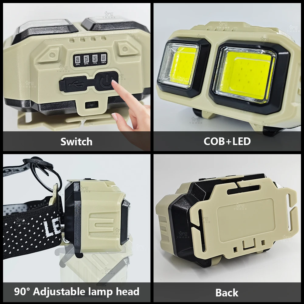 강한 빛 헤드램프 휴대용 COB LED 헤드램프 USB 충전식 헤드 손전등 18650 야외 캠핑 낚시 비상 랜턴
