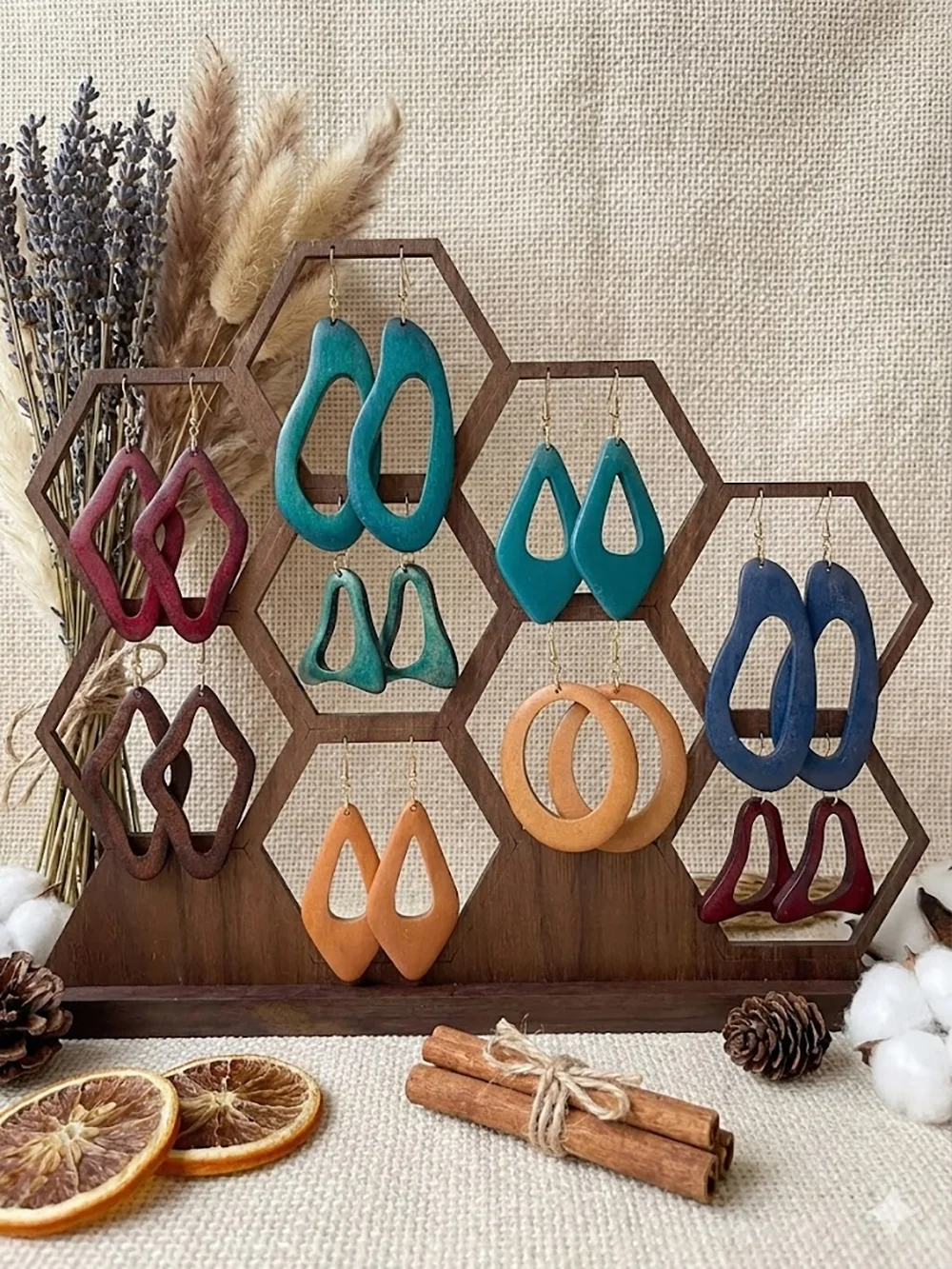 9-teiliges Set mit modischen und eleganten Anhänger-Ohrringen für Damen, Vintage-Böhmische geometrische herzförmige runde hohle Holzohrringe, geeignet für Alltag, Partys, Valentinstag und andere Anlässe – Detail 1
