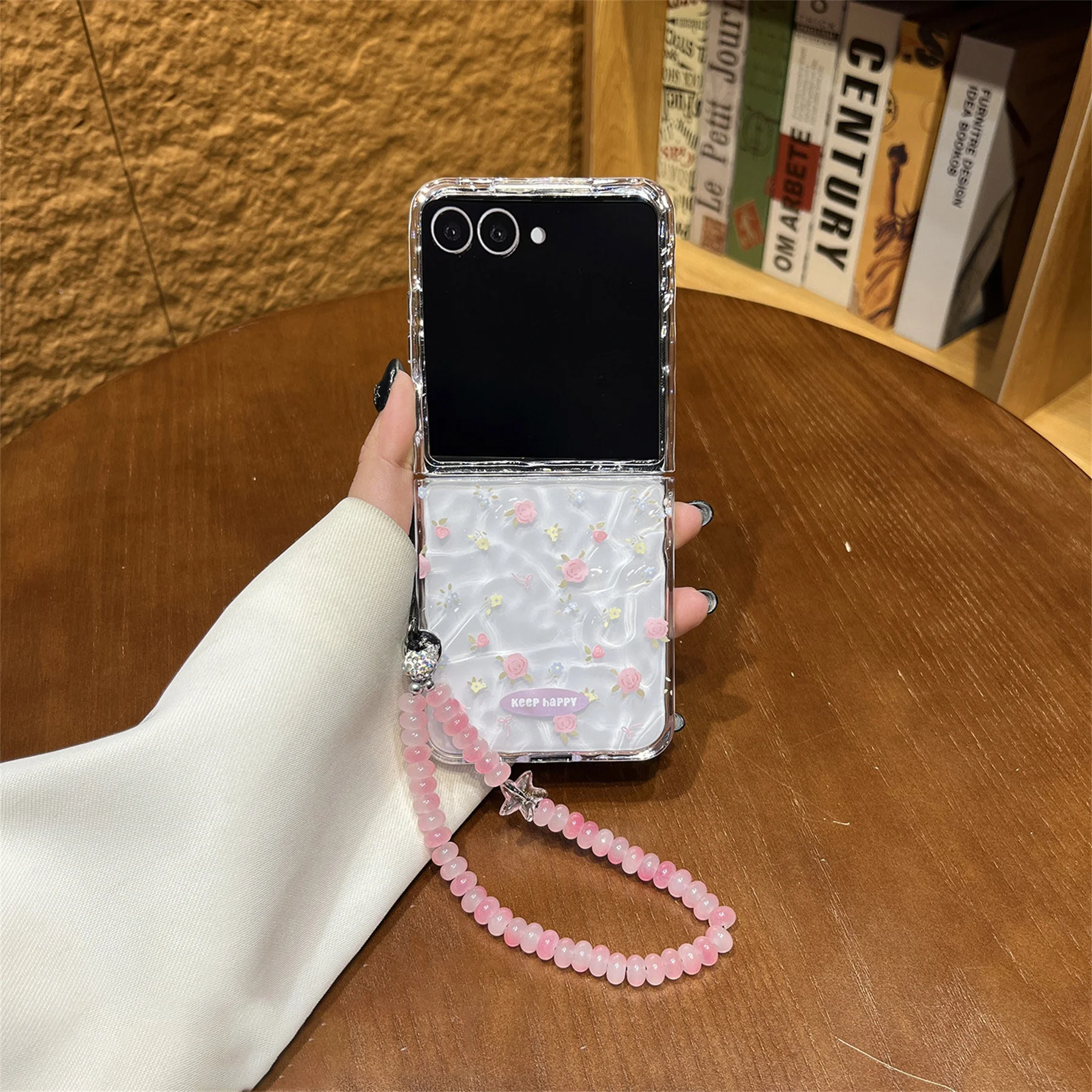Korean Floral Flowers Transparent Phone Case with Pink Bead Chain
