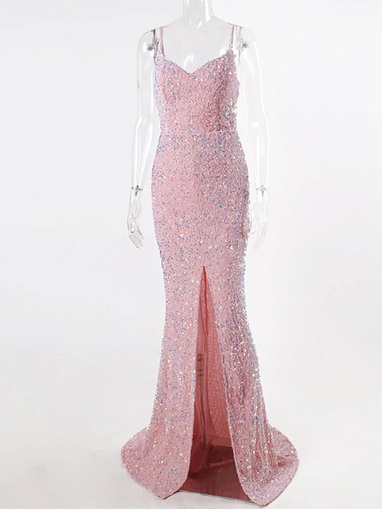 Victorias vogue Elegant Pink Slip Sequin Evening Dress V Neck Front