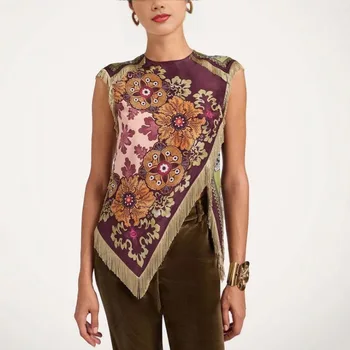 Fashion Floral Print Top With Fringe Trim For Women Vintage O-neck Sleeveless Asymmetric Hem Satin Blouse Lady 2026 Chic Tops 1