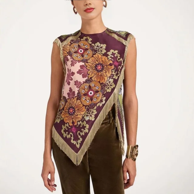 Haut à imprimé floral tendance avec franges pour femme, chemisier en satin vintage à col rond sans manches et ourlet asymétrique, hauts chics pour femme 2026 1