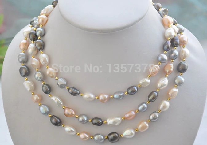 

50" 8-10mm white pnk gray black baroque freshwater pearl necklace