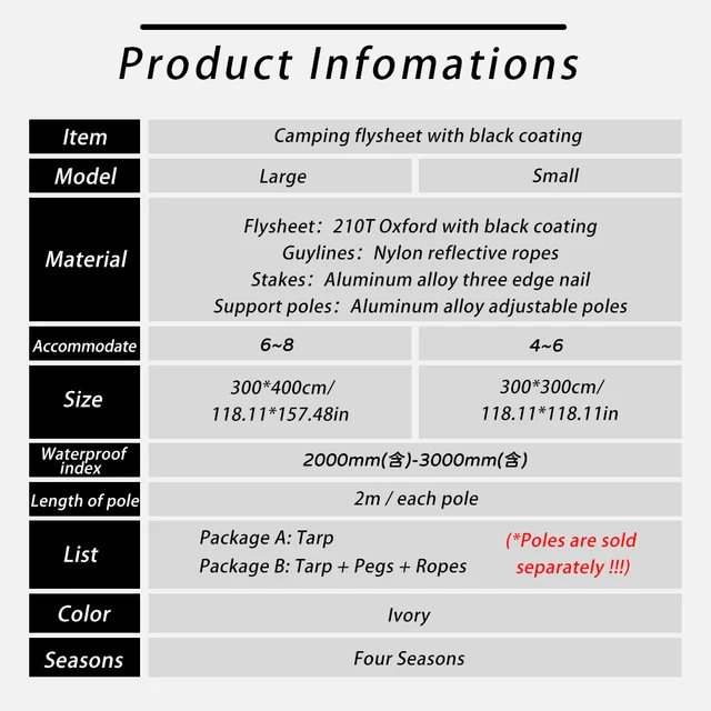Fekete Bevonó Ponyvás Kemping Ondoor Vinyl Légylap Uv50 Vízálló Ponyvain 3X3 3X4 Bevonattal Ellátott Lombkorona Tábor Uv Napmenhely - Image 5