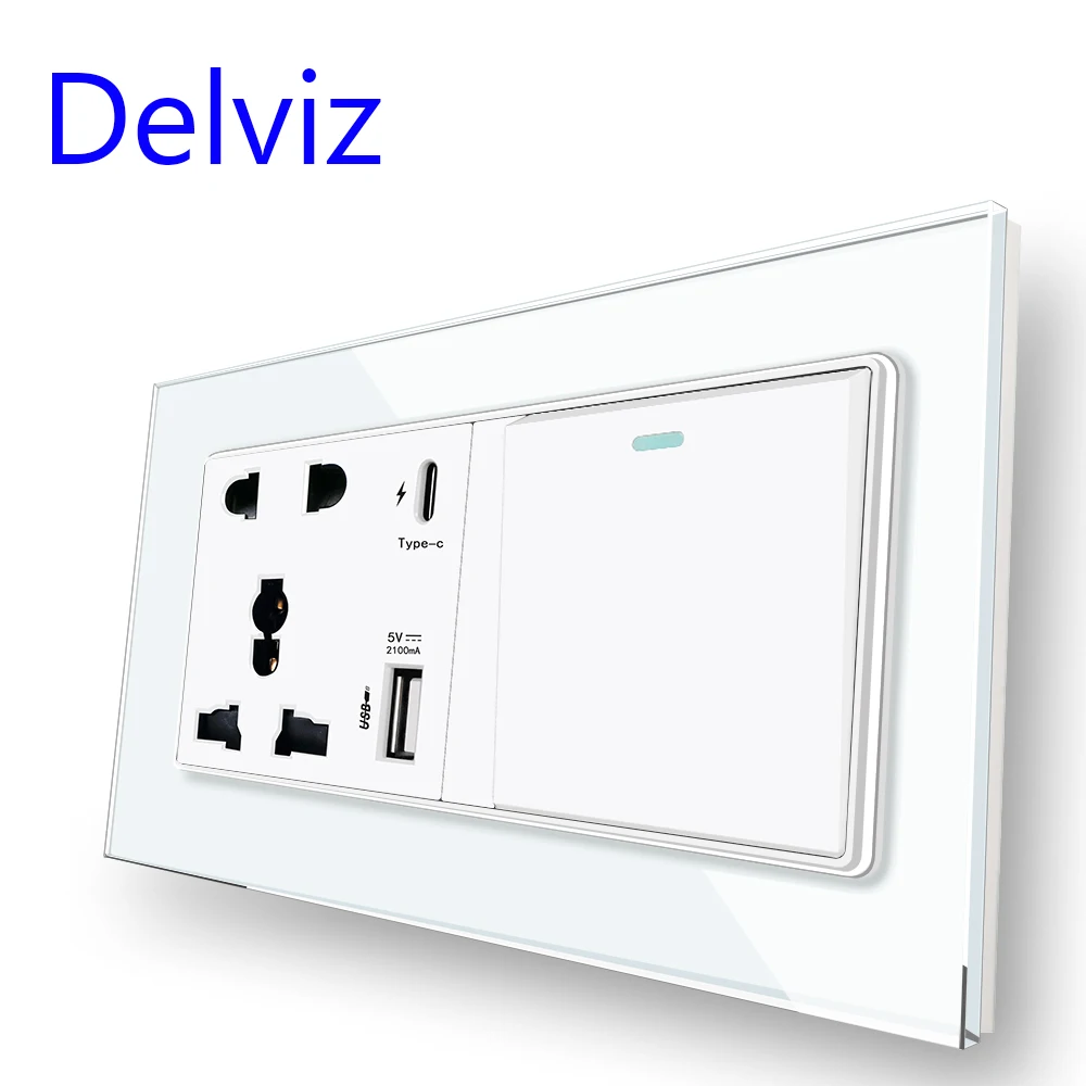 สวิทช์ไฟติดผนัง delviz 16A, ซ็อกเก็ตอินเทอร์เฟส Type C, ชาร์จเร็วอัจฉริยะ4A 18W, หน้าจอโทรศัพท์คริสตัล, เต้าเสียบไฟ USB สากล 1