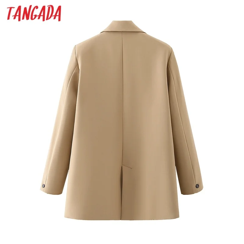 Tangada Women Khaki Blazer Coat Vintage Notched Collar Pocket 2023 Fashion Female Casual Chic Tops DA02 images - 6