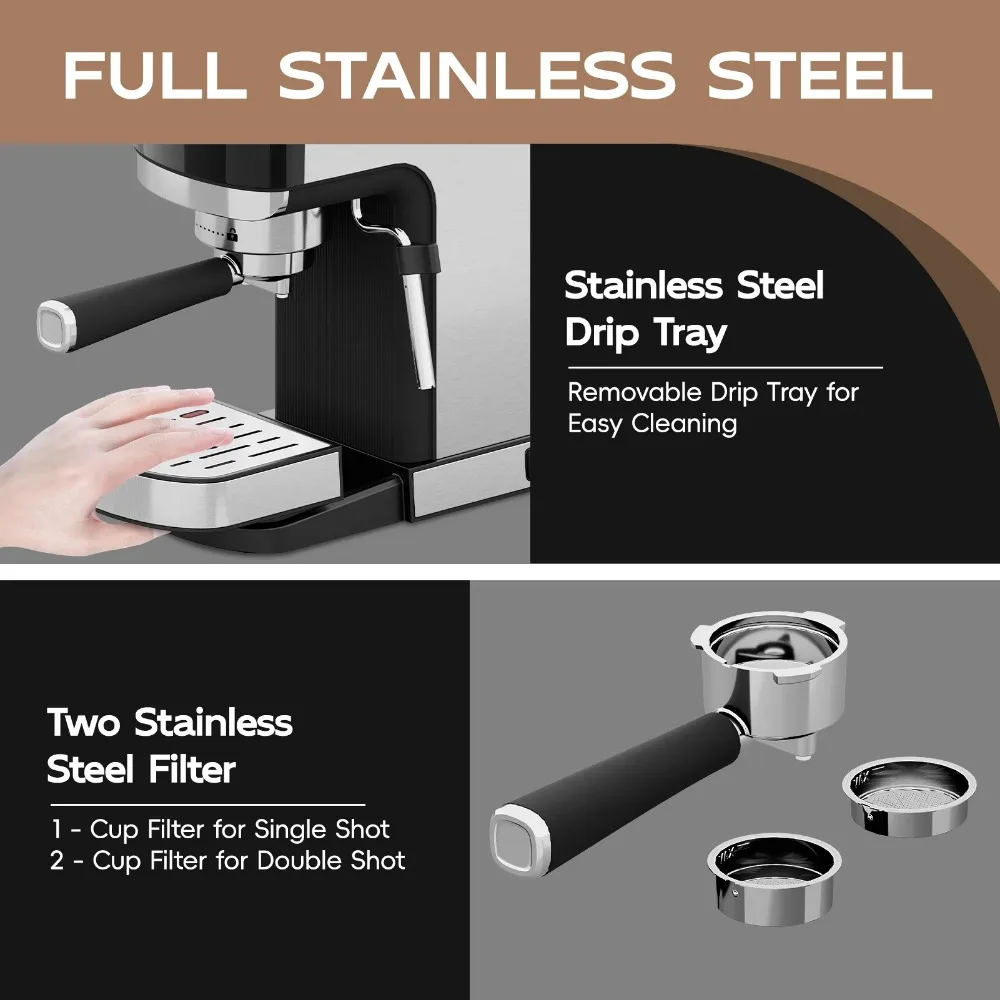 Machine 20 Bar，Espresso Coffee Maker with Milk Frother Steam Wand, Stainless Steel Coffee Machine 5