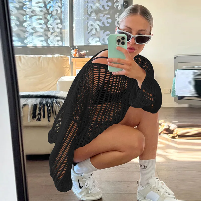 

2023 Summer Tops Openwork Loose Pullover Sweater Women Knitwear Short Blouse Hollow Knitted Beach Swim Cover-Ups Outfits