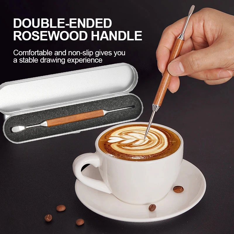 Stainless steel coffee decorative art pen with wooden handle, latte flower needle tool accessories, styling tool