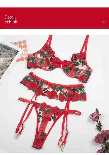 Sexy Intimate Valentine's Wedding Red Lingerie Floral Luxury Lace
