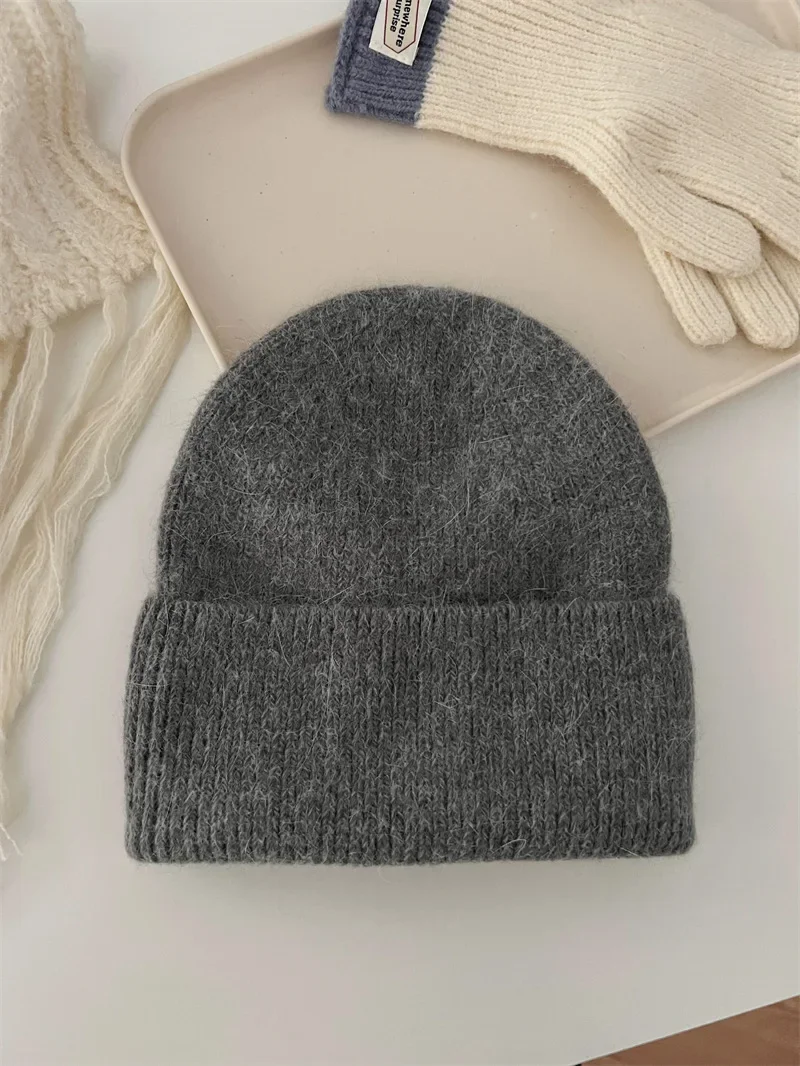 Flauschige Mützen für Damen, Erbsen, Angorakaninchenfell, Strickmütze, warm, verdickt, weich, Wollmütze, glänzende Paar-Strickwaren für Herbst und Winter – Detail 4