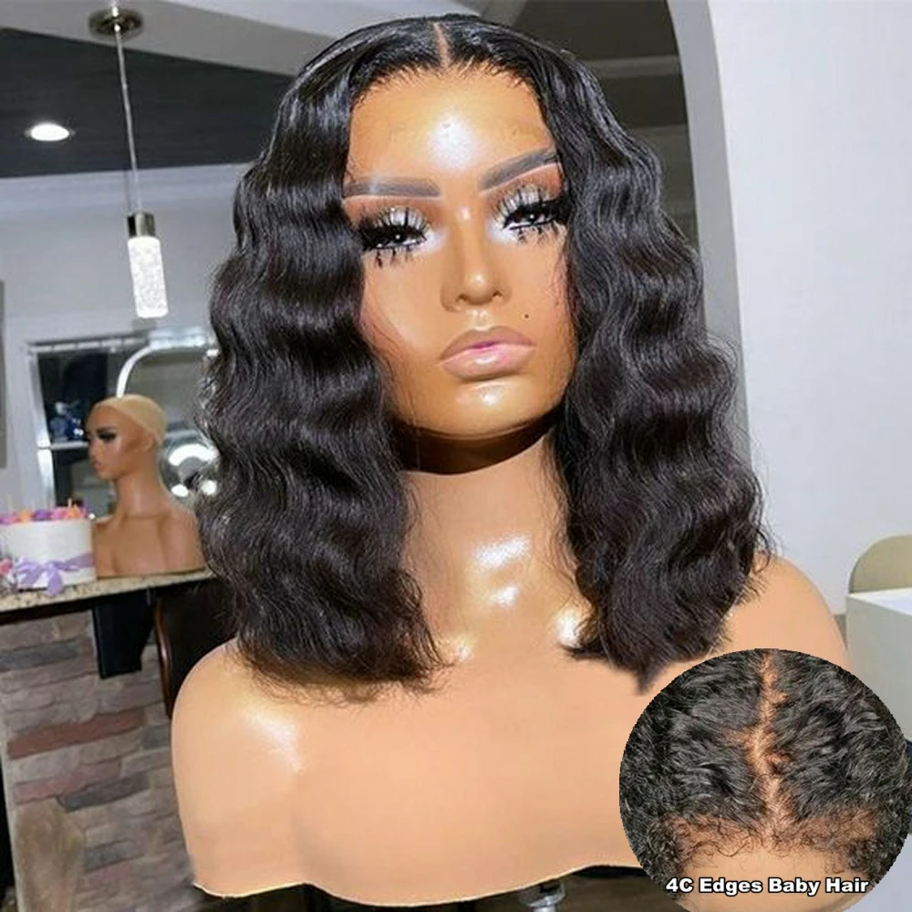 

4C Kinky Edges Baby Hair Short Bob Lace Wigs 4X4 HD Lace Front Wig Remy Deep Wave Human Hair Wigs For Women Afro Curly Edges