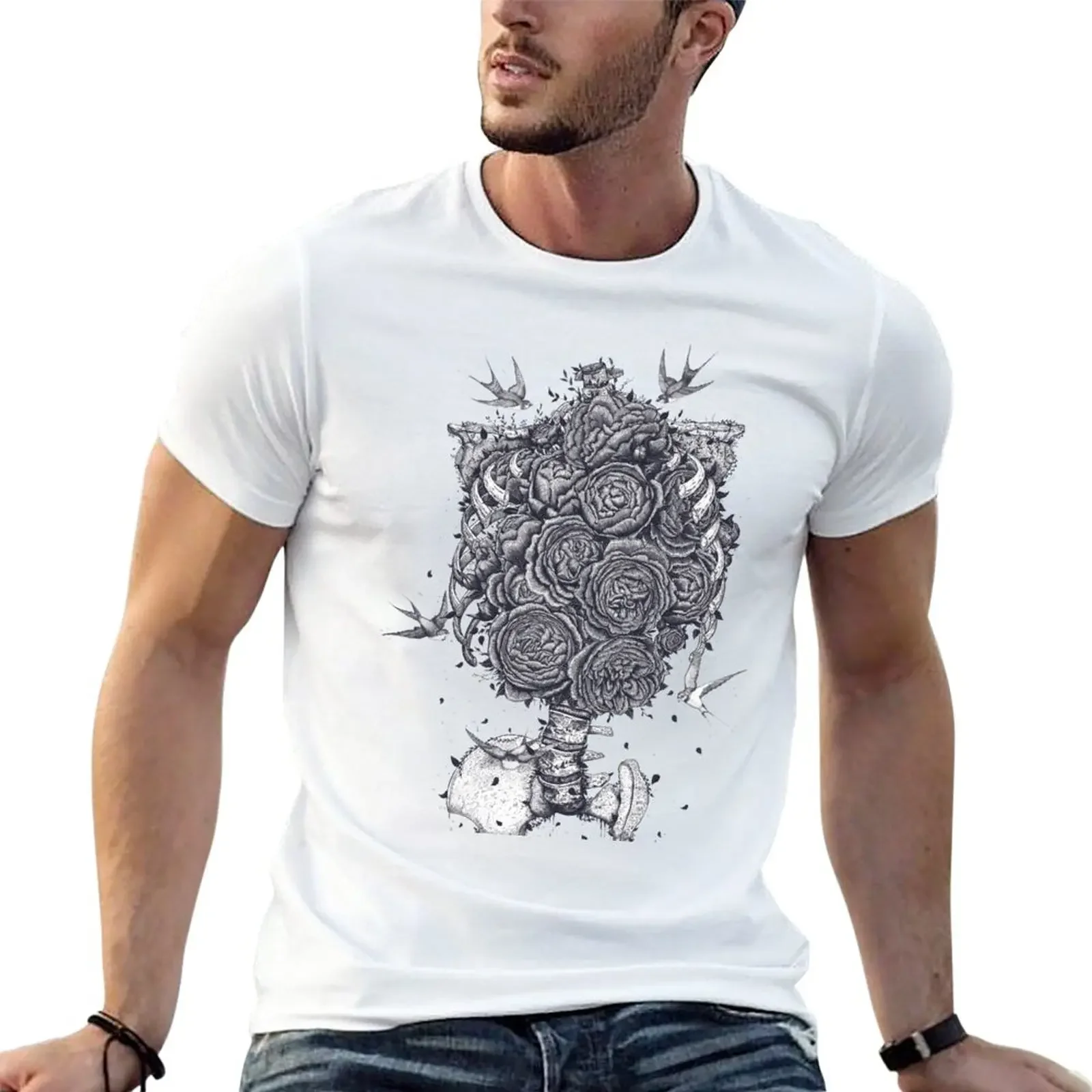 

Ribs with peonies T-Shirt quick drying Blouse plain fitted t shirts for men