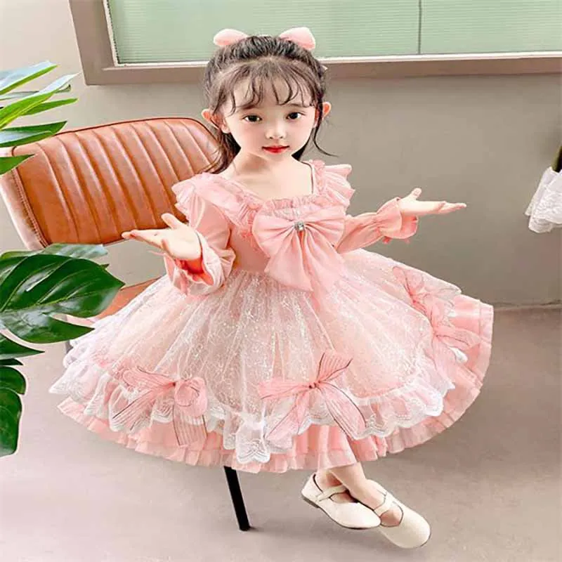 Birthday Party Lolita Dress Girls Kids Summer Lace Pink Long&Short Sleeve Dress Cute Princess Doll Teen For Girls