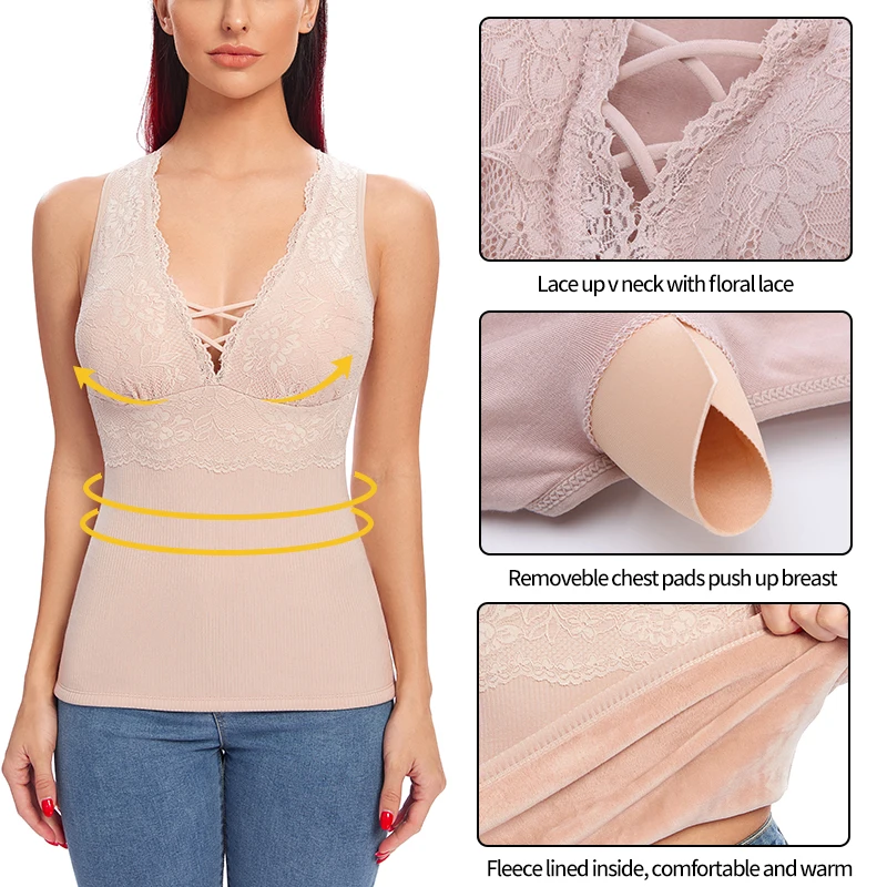 Women Thermal Fleece Lined Underwear Tops Tummy Control Shapewear Cami Tank  Top Warm Base Layer Vest V Neck Lace Camisole - AliExpress