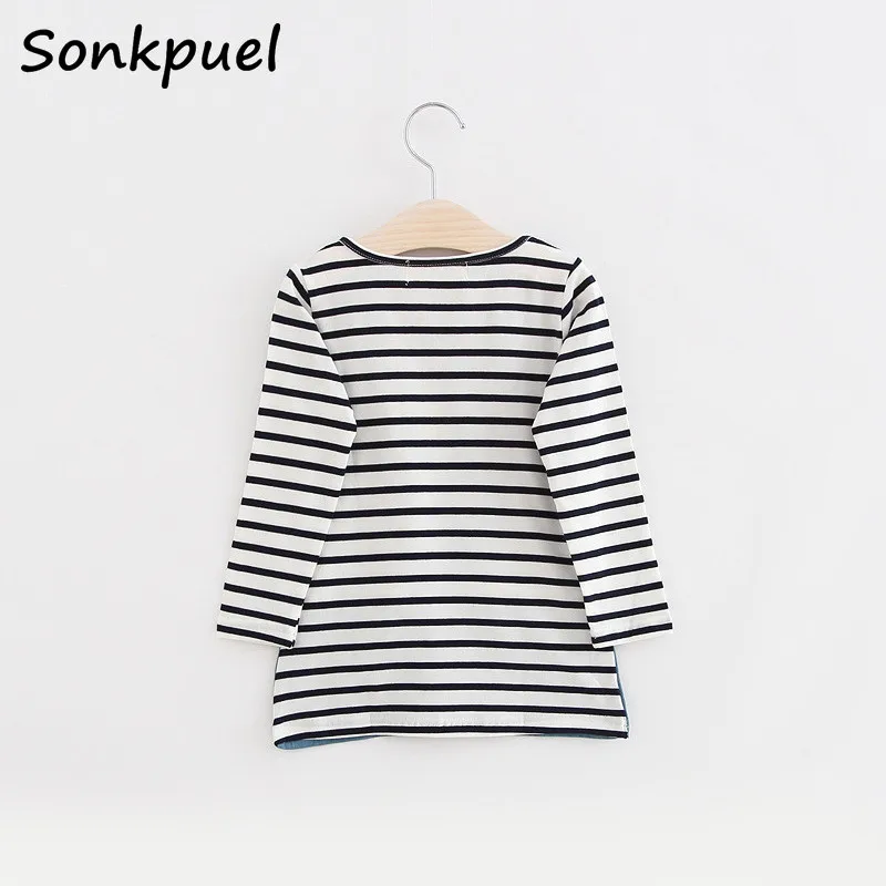 Girls Dress Princess Costume Kids Dresses for Girls Long Sleeve Stripe Patchwork Denim Cloth 2 3 4 6 8 Years Summer Clothing