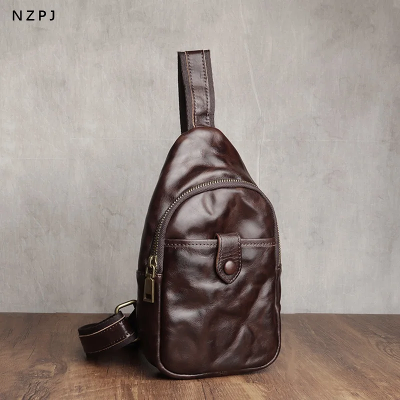 NZPJ Men's Retro Genuine Leather Crossbody Chest Bag Casual Outdoor Fashionable Sling Bag for Men
