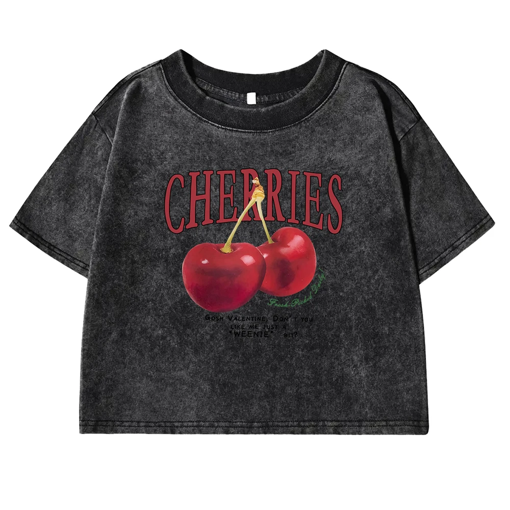 Red Cherries Letter Printed Female T-shirt Fashion Summer Washed Clothing Casual Cotton Crop Top Retro Tee Shirts For Women